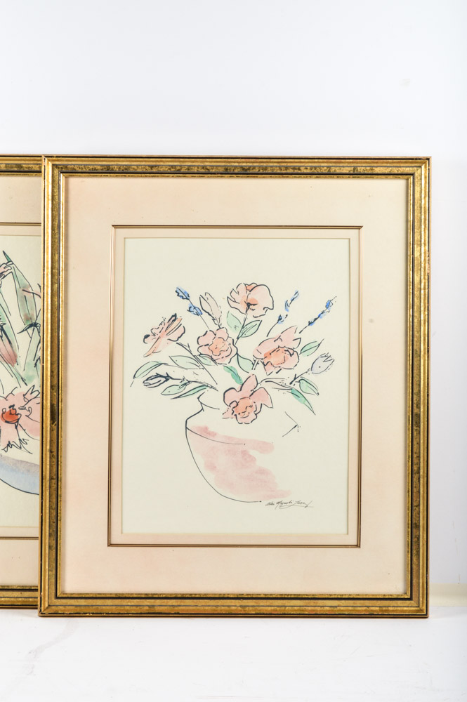 Pair of Floral Watercolor Paintings After Alice Magnolia Lacey