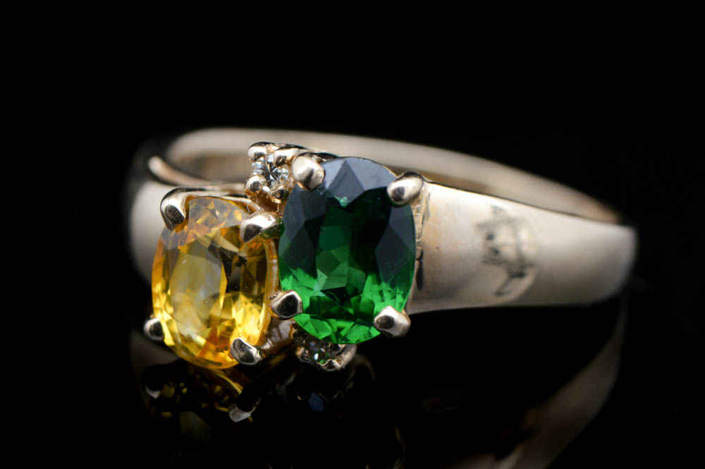 10K Yellow Gold, Diamond, Yellow Sapphire and Green Tourmaline Ring