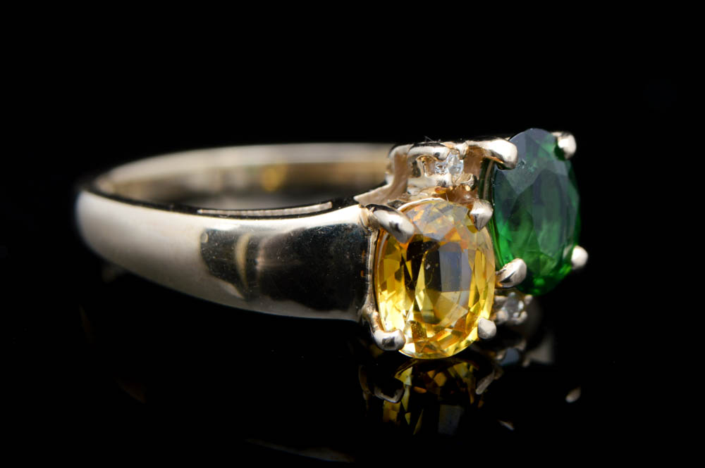 10K Yellow Gold, Diamond, Yellow Sapphire and Green Tourmaline Ring