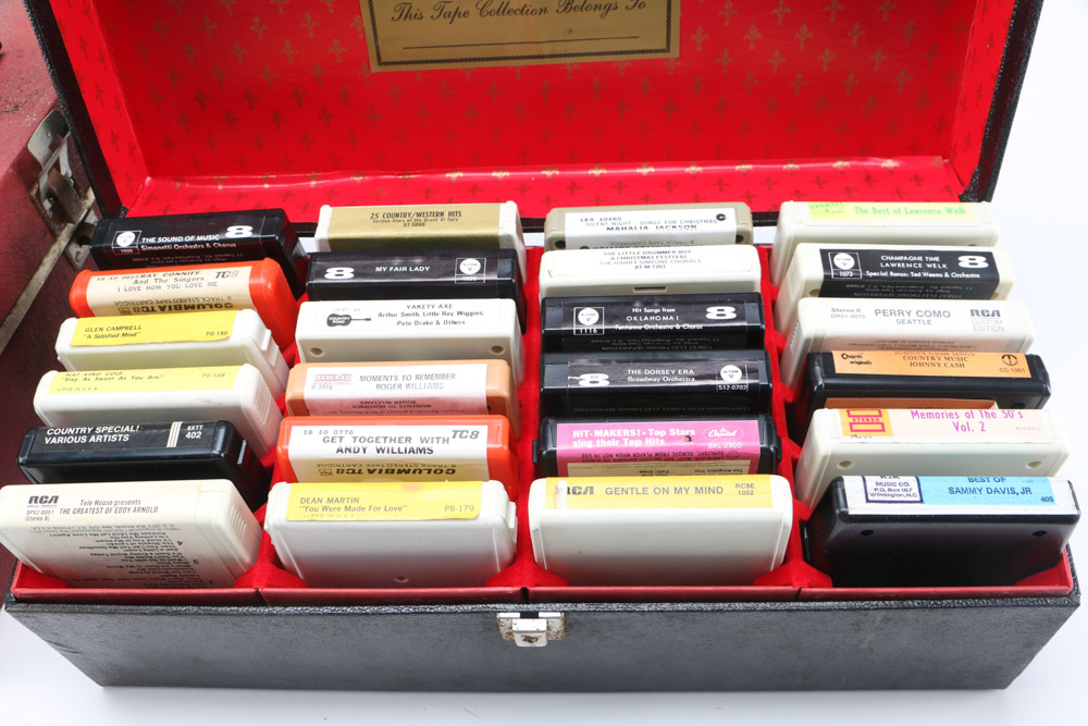 Vintage 8-Track Cassette Tapes with Storage Cases