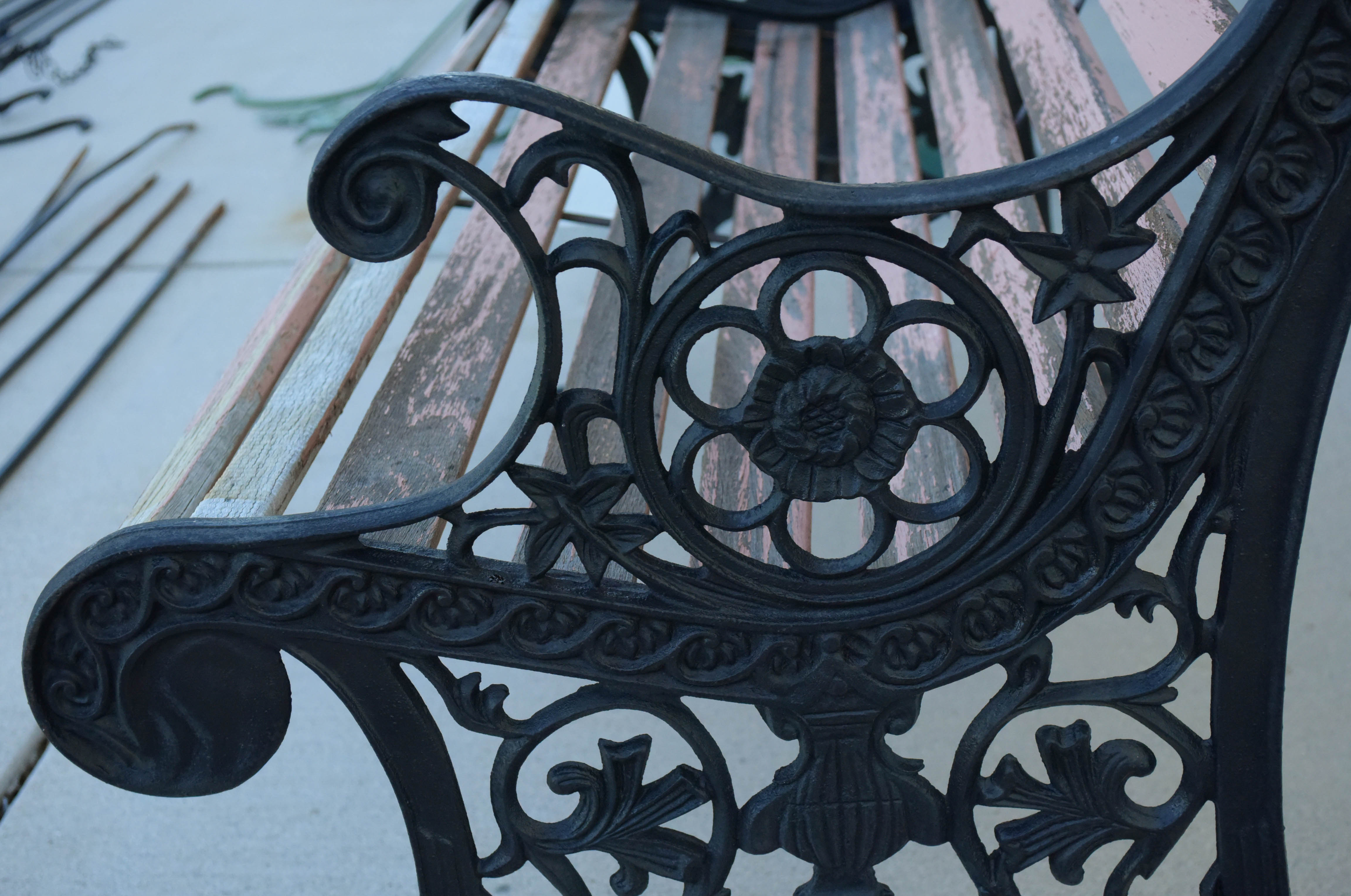 Black Wrought Iron and Wooden Garden Benches