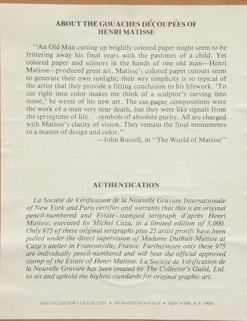 After Henri Matisse Limited Edition Serigraph