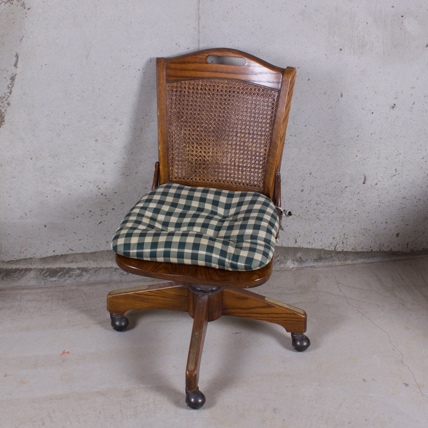 Swivel Cane-Back Oak Desk Chair With Cushion