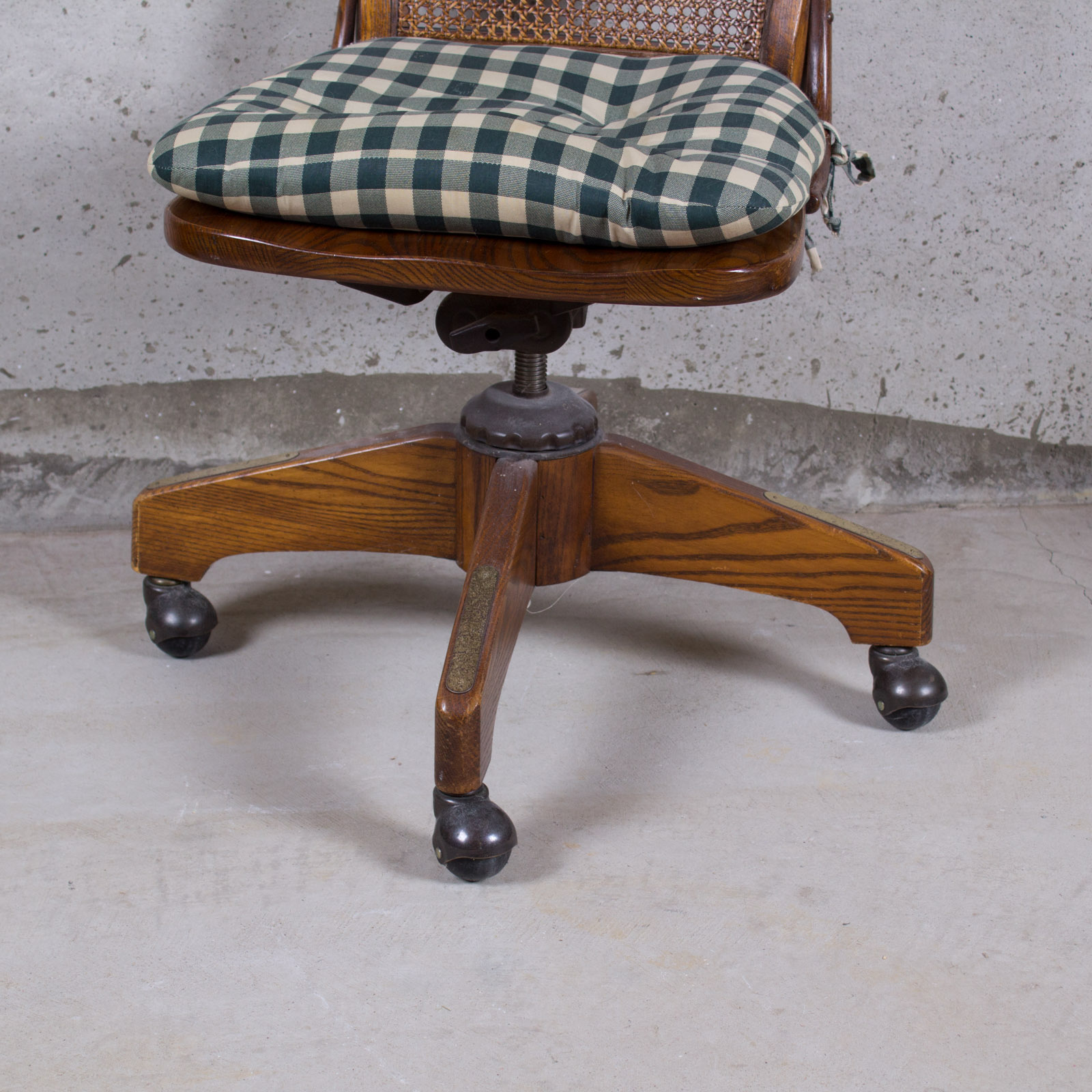 Swivel Cane-Back Oak Desk Chair With Cushion