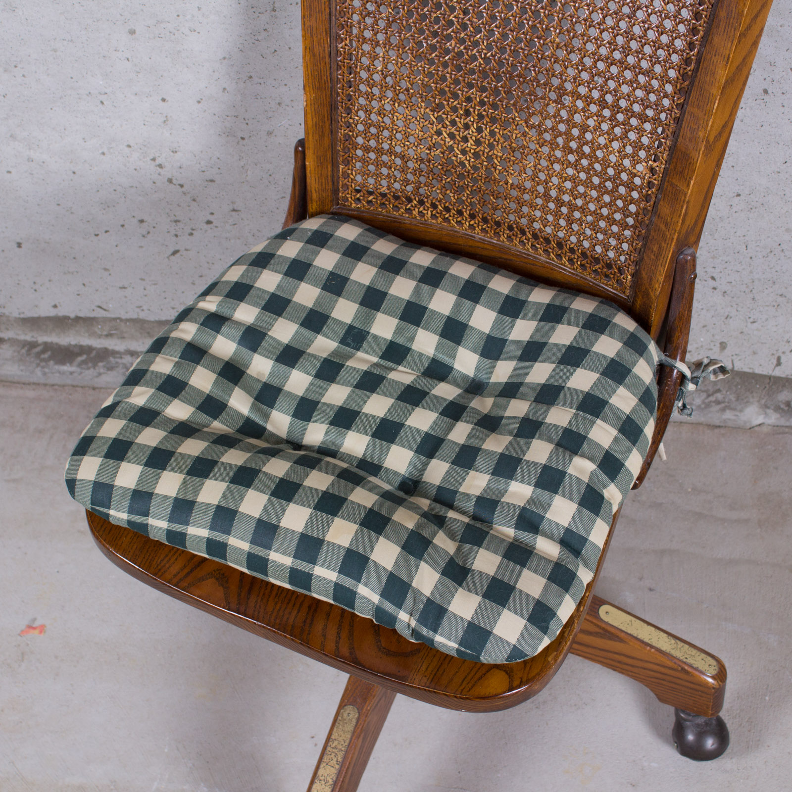 Swivel Cane-Back Oak Desk Chair With Cushion