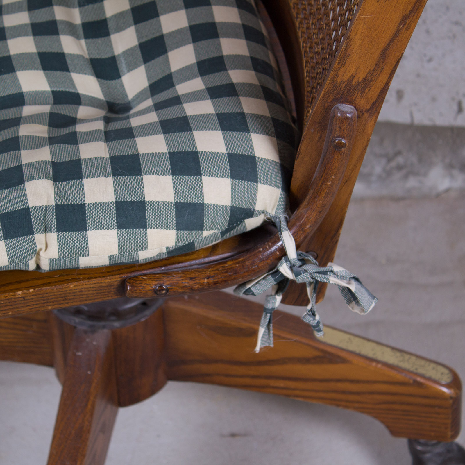 Swivel Cane-Back Oak Desk Chair With Cushion