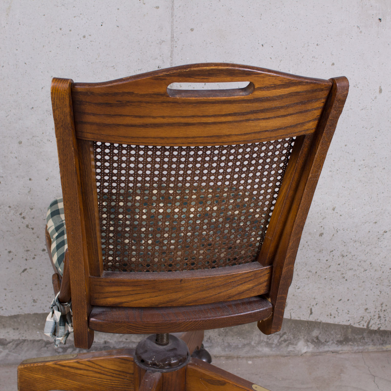 Swivel Cane-Back Oak Desk Chair With Cushion