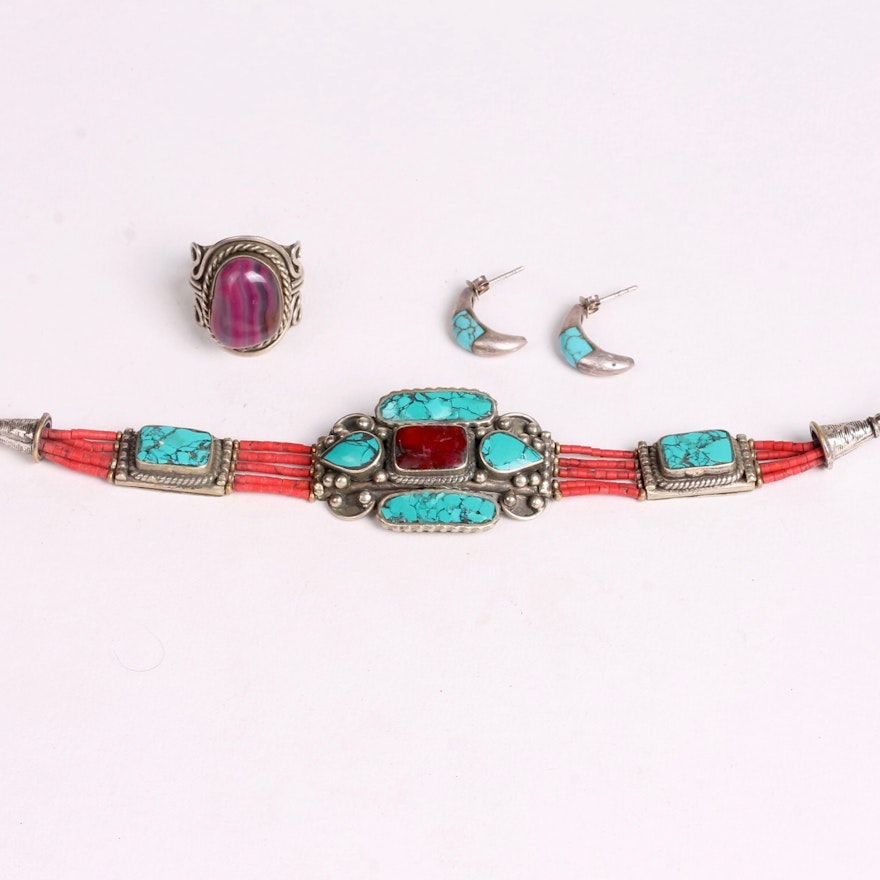 Navajo Style Turquoise, Coral, and Sterling Silver Jewelry