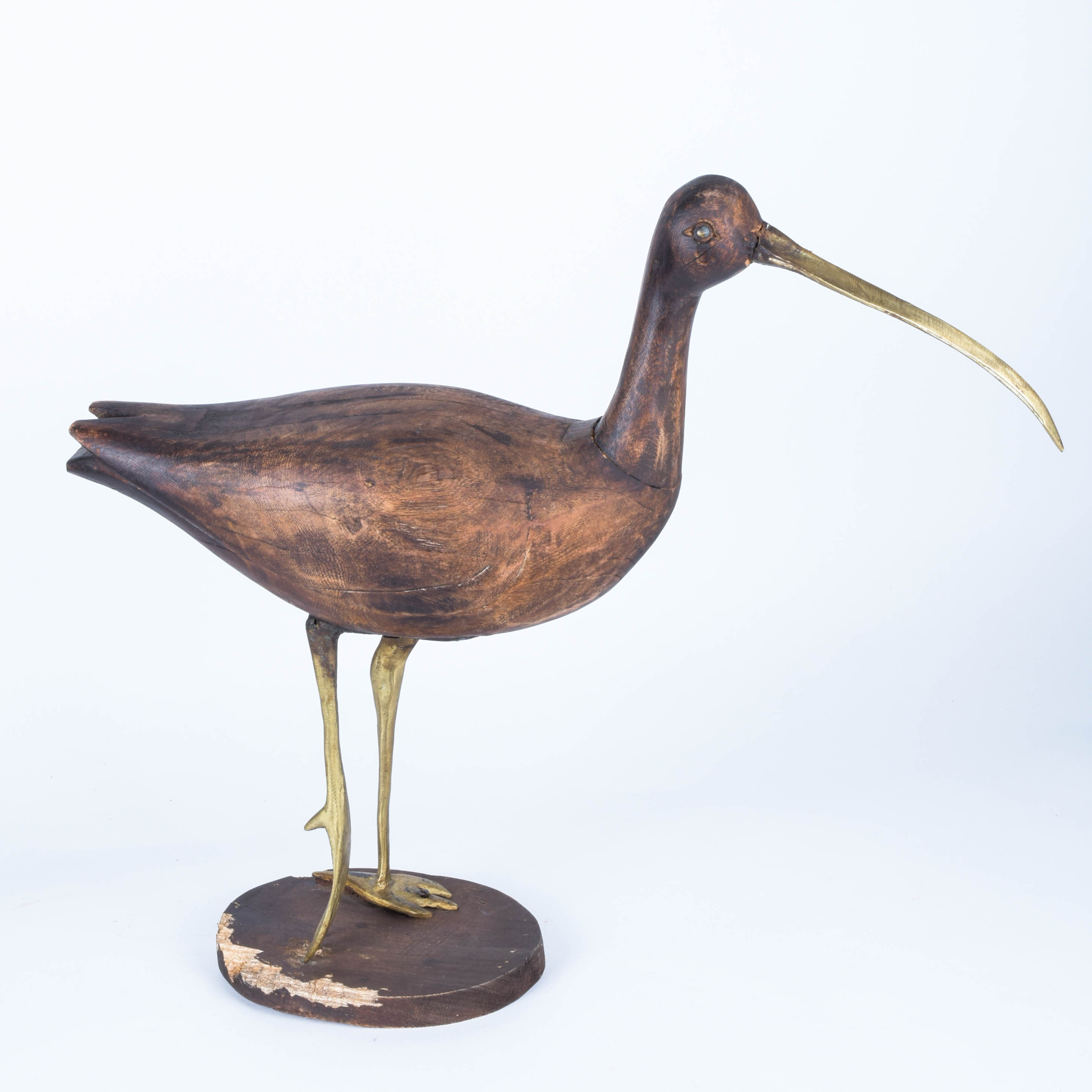 Wooden Bird Sculpture with Brass Legs and Long Beak
