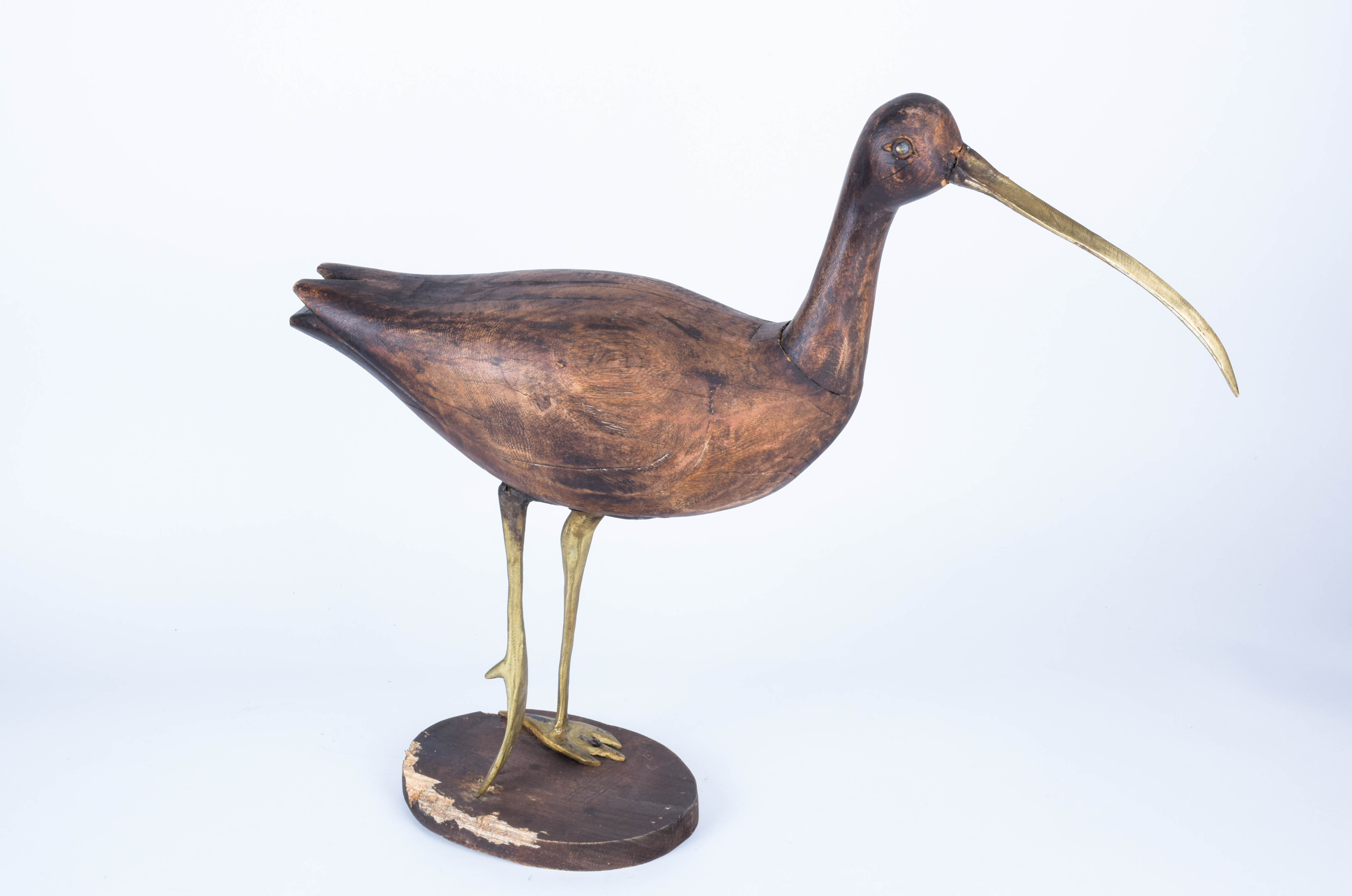 Wooden Bird Sculpture with Brass Legs and Long Beak