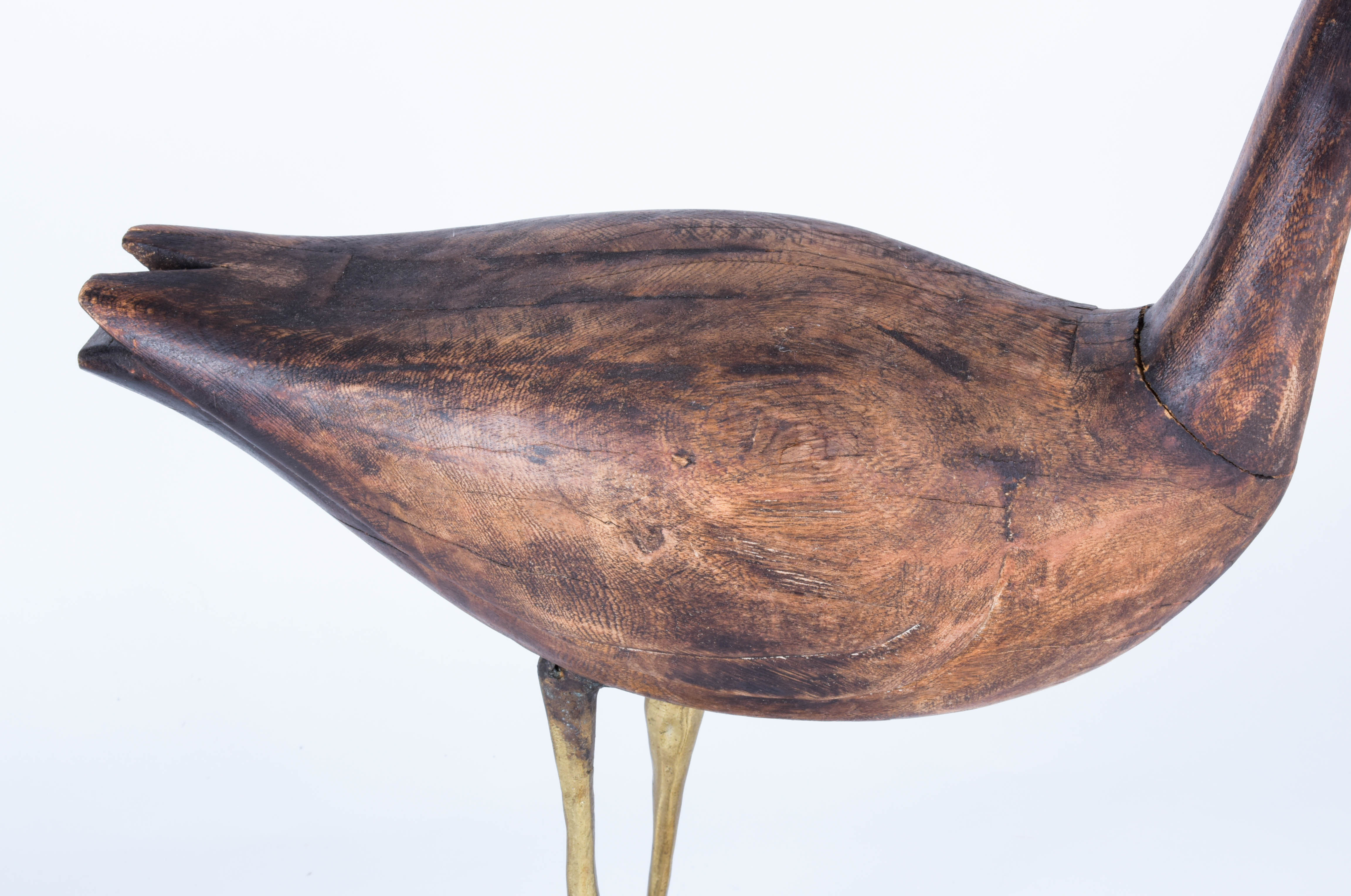 Wooden Bird Sculpture with Brass Legs and Long Beak