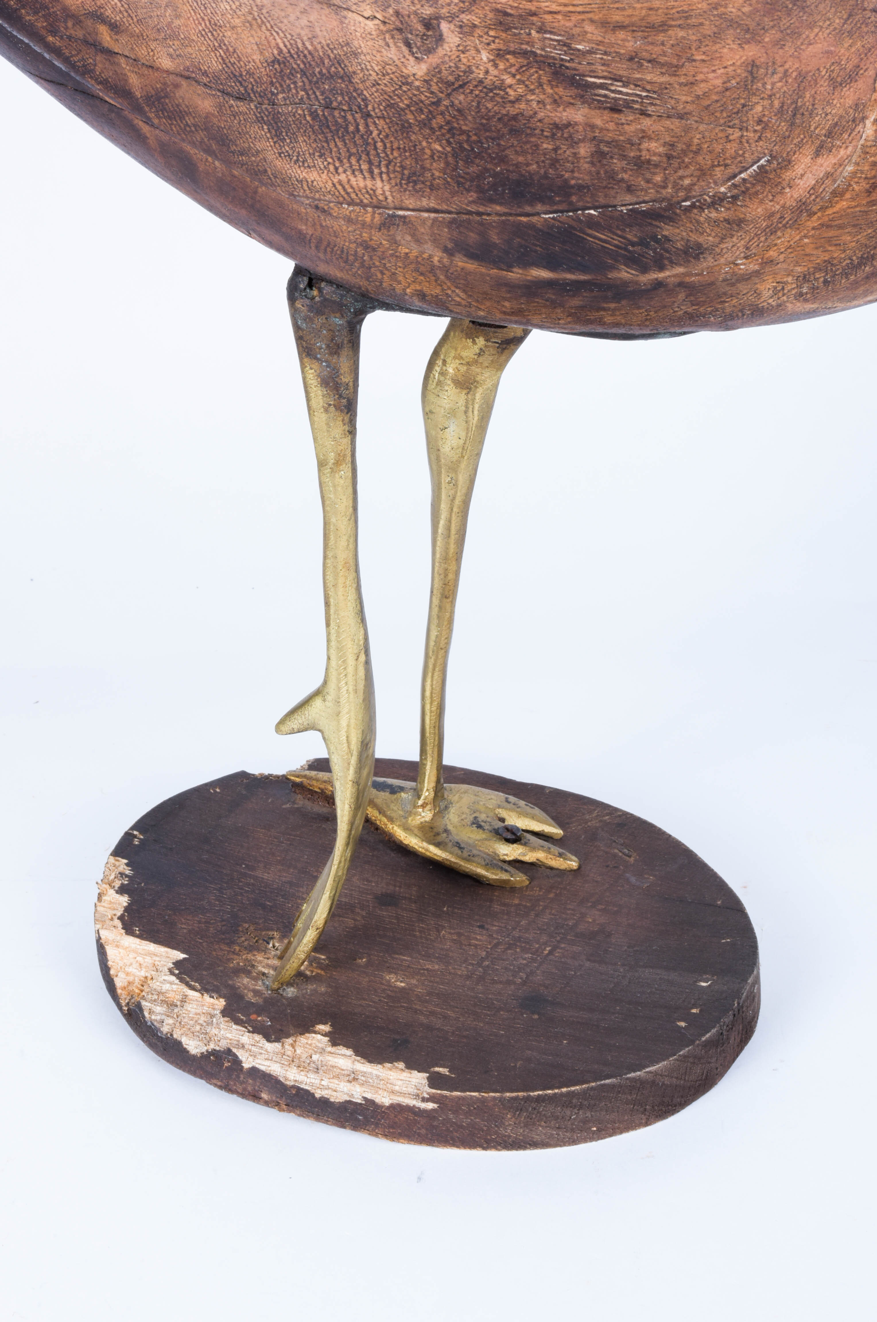 Wooden Bird Sculpture with Brass Legs and Long Beak