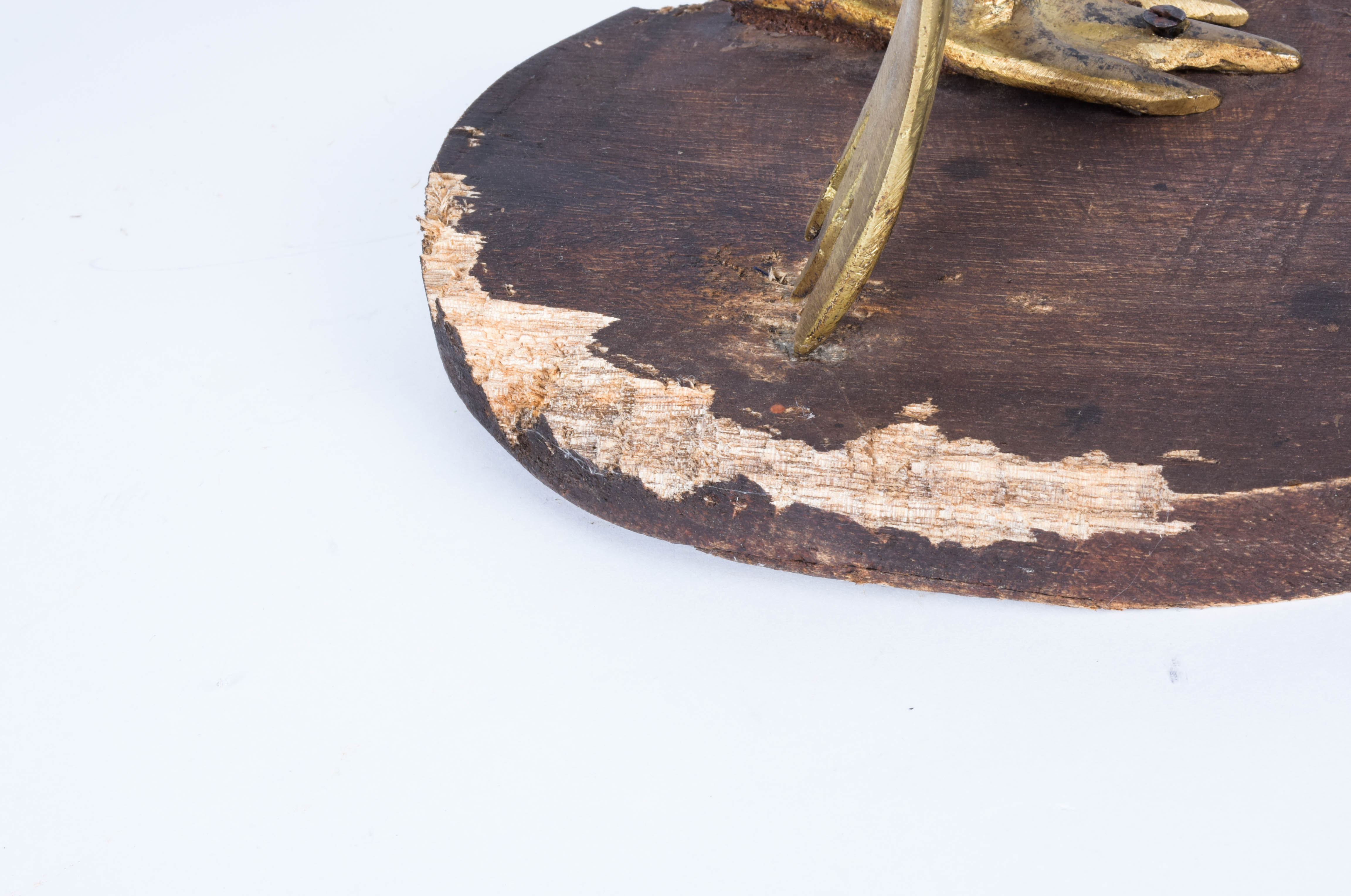 Wooden Bird Sculpture with Brass Legs and Long Beak