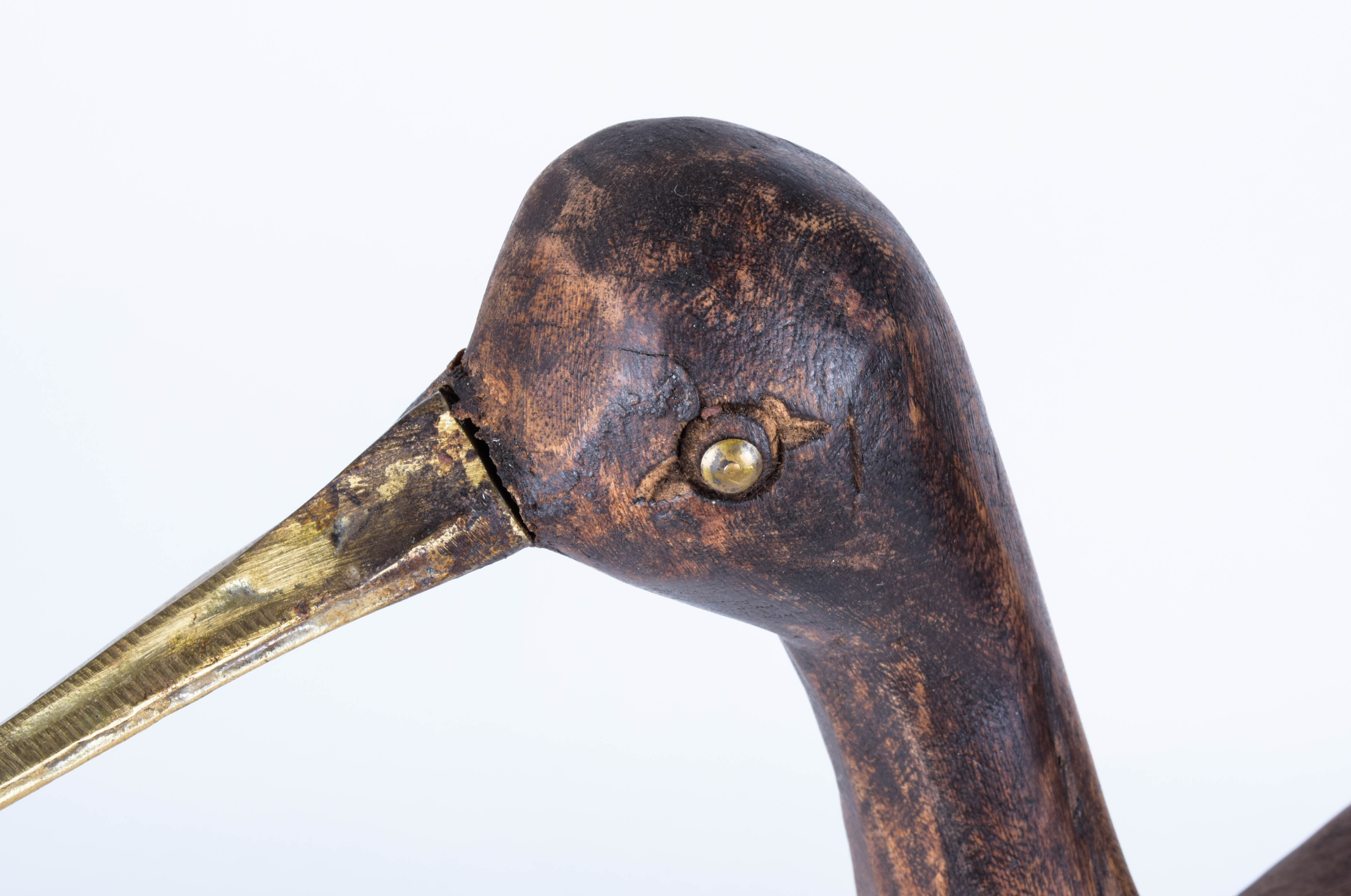 Wooden Bird Sculpture with Brass Legs and Long Beak