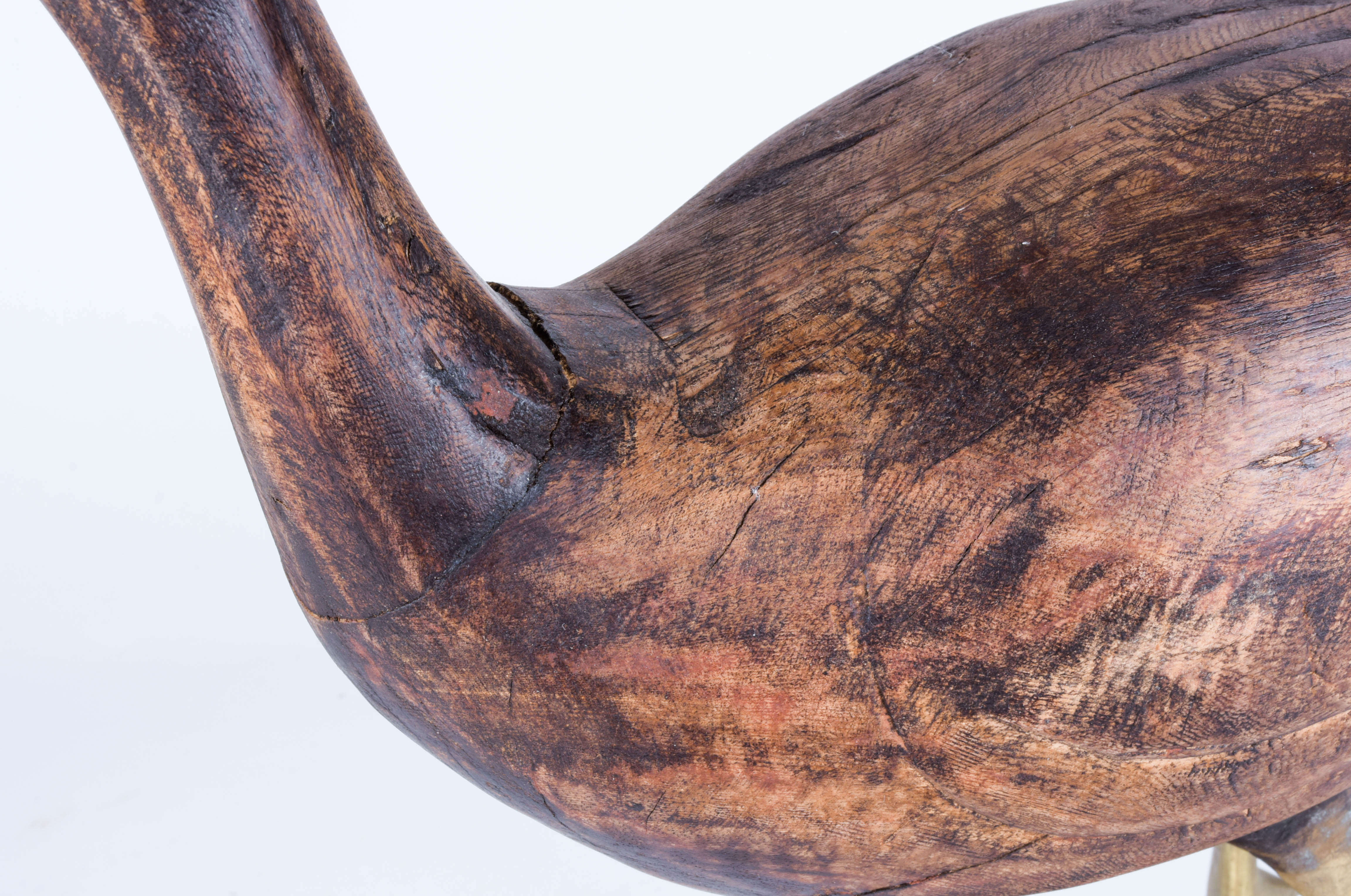 Wooden Bird Sculpture with Brass Legs and Long Beak