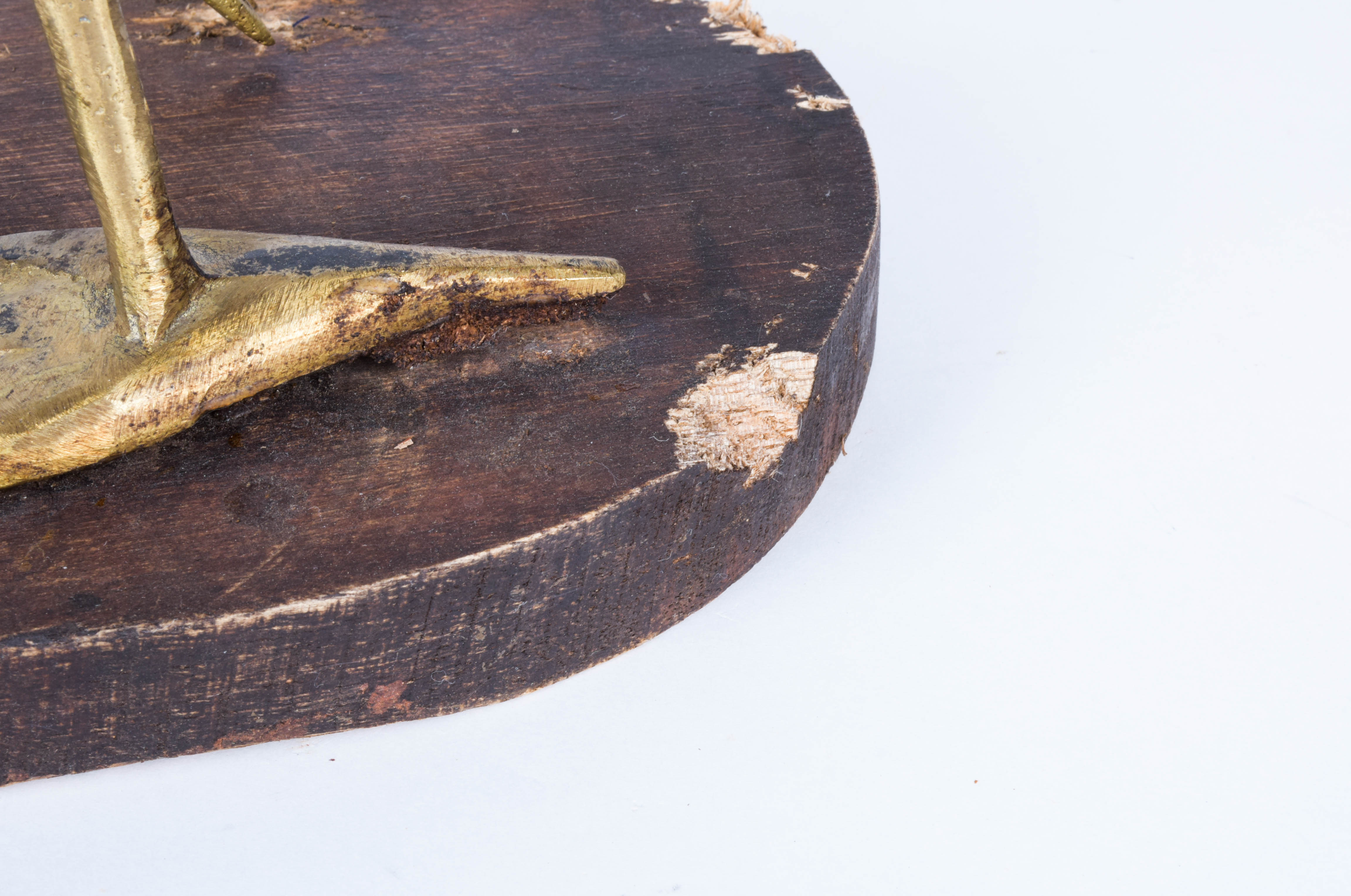 Wooden Bird Sculpture with Brass Legs and Long Beak
