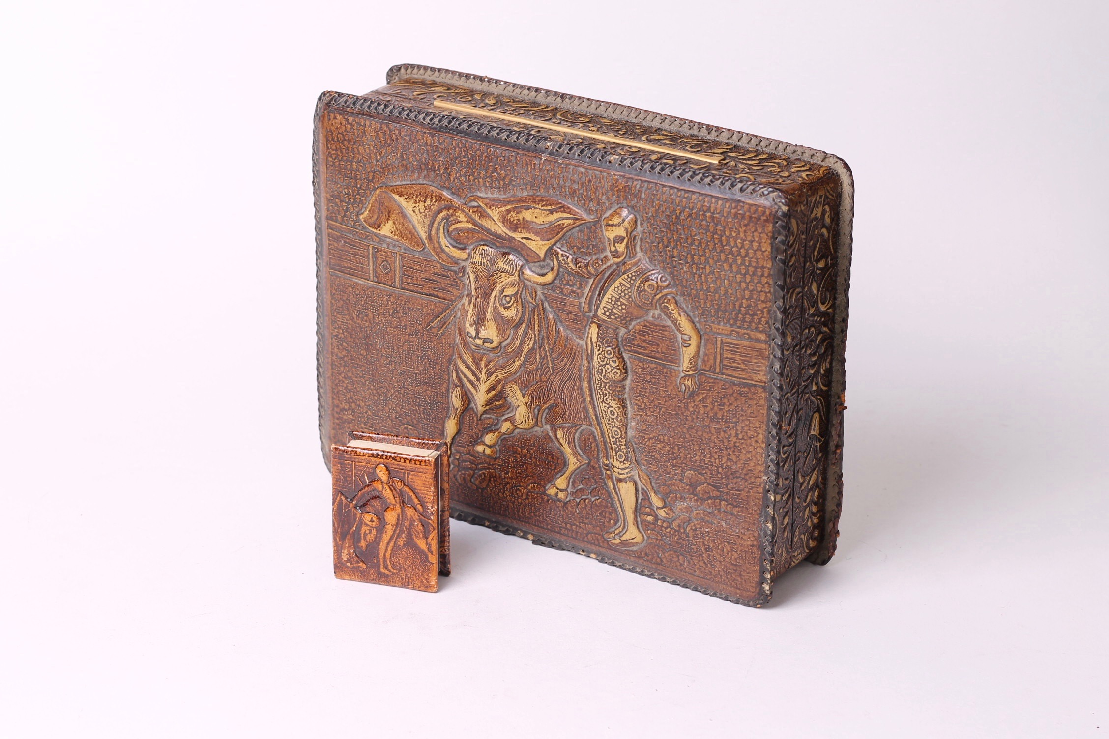 Spanish Bull Fight Leather Box & Matchbox