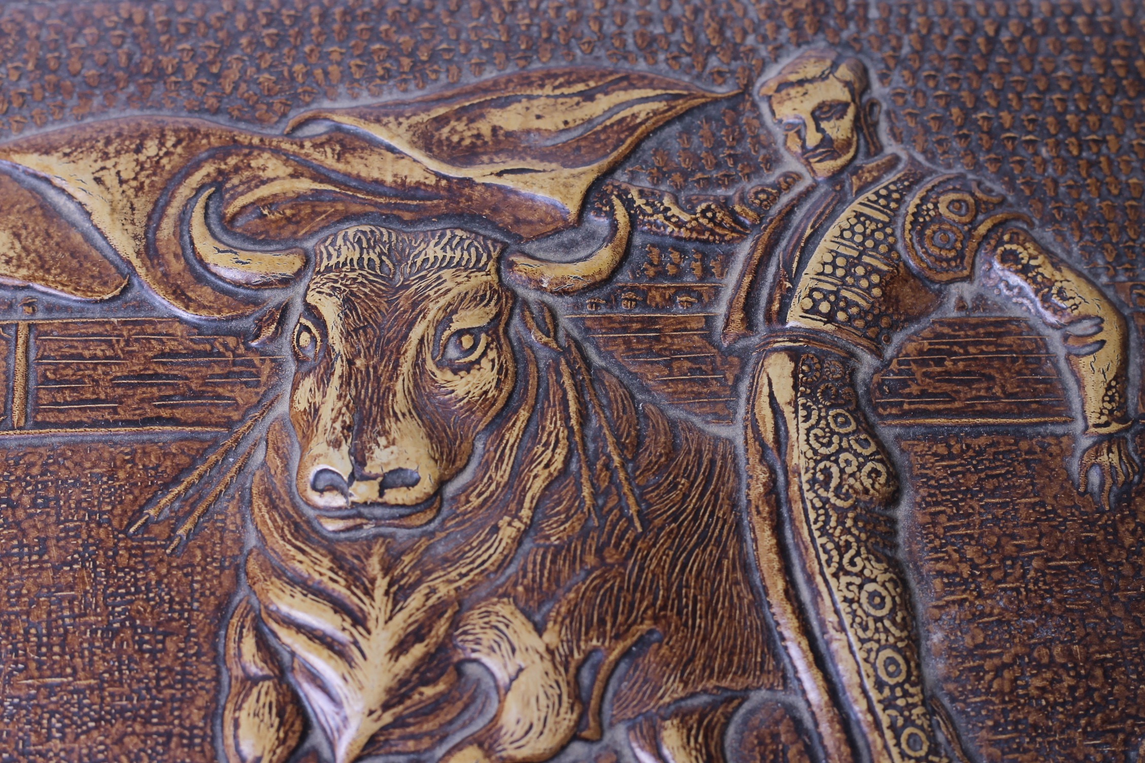 Spanish Bull Fight Leather Box & Matchbox