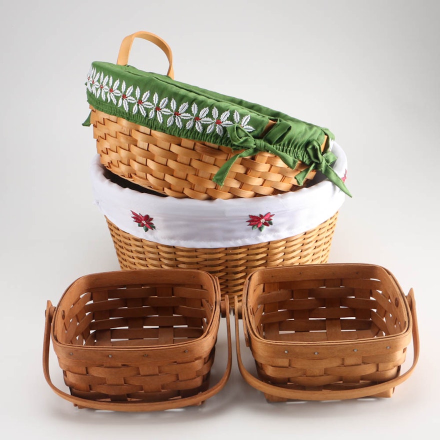 Two Fabric Lined Baskets and Two Longaberger Baskets
