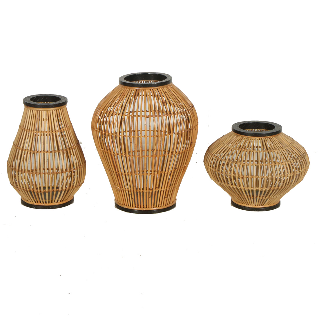 Set of Three Bamboo and Wood Decorative Vases