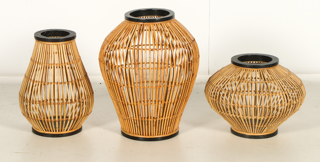 Set of Three Bamboo and Wood Decorative Vases
