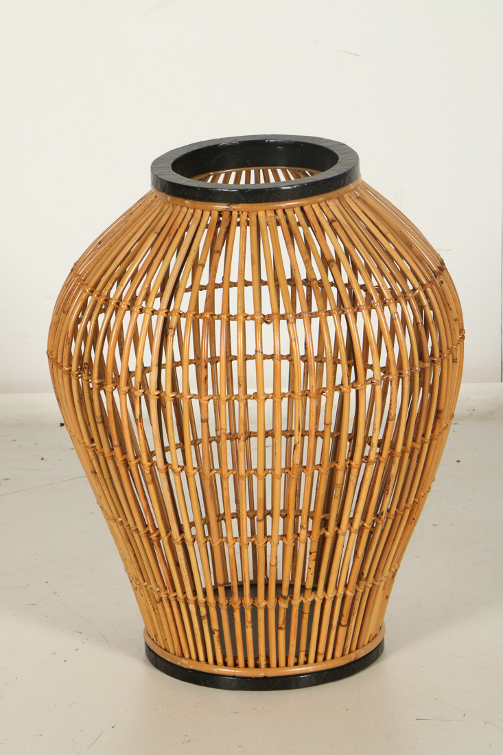 Set of Three Bamboo and Wood Decorative Vases