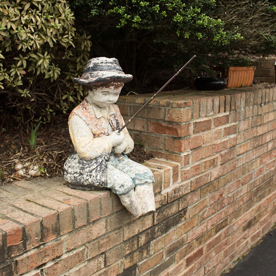 Concrete Yard Statue of Boy Fishing