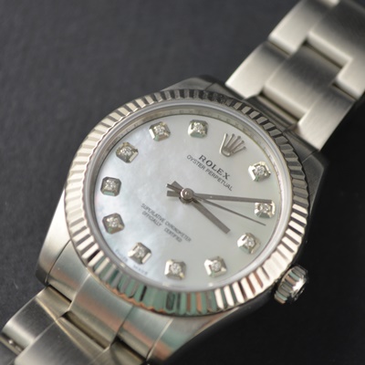 Rolex Perpetual 18K White Gold and Steel MOP Diamond Dial Oyster Automatic Ladies Watch