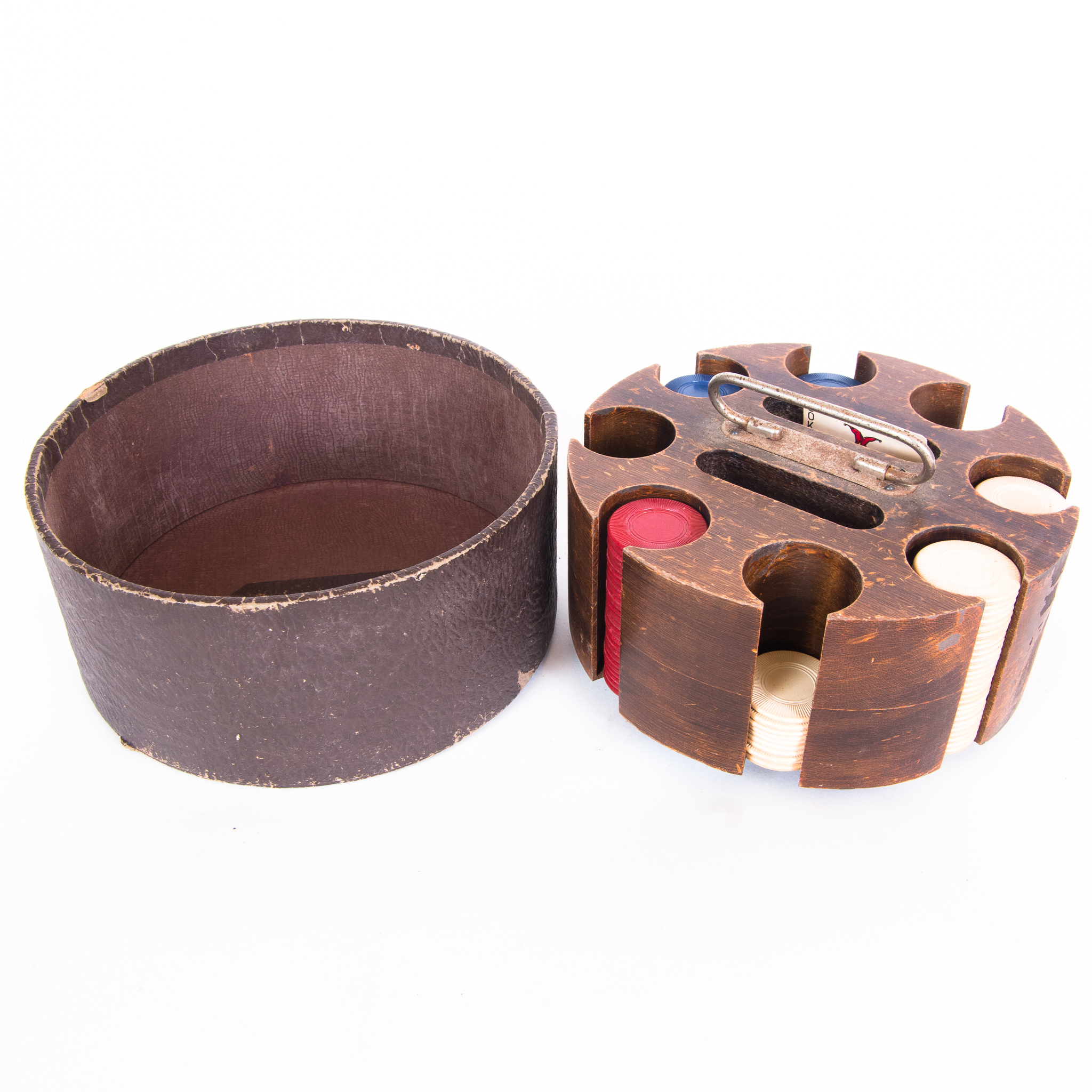 Vintage Wood Poker Caddy with Chips