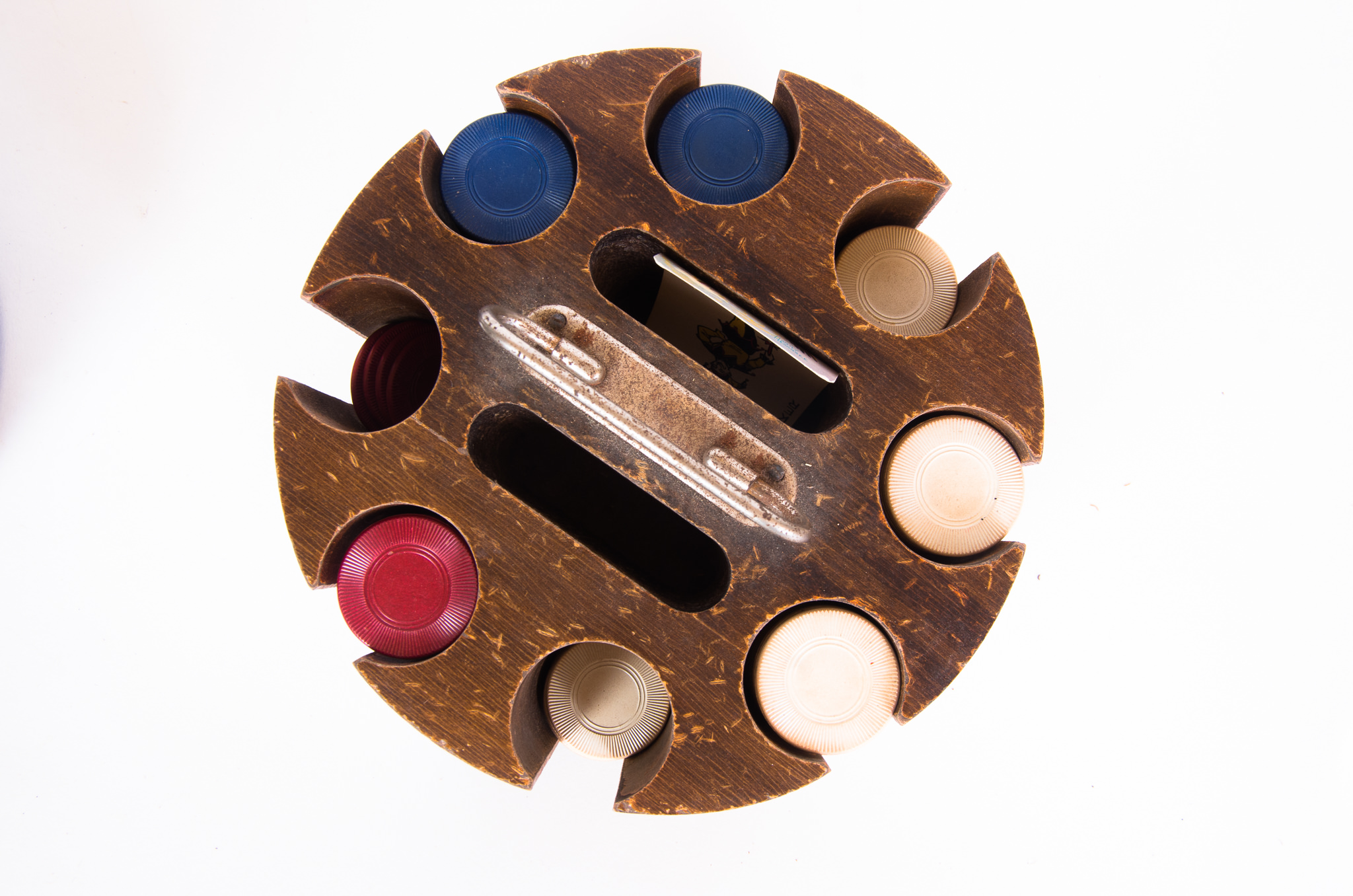 Vintage Wood Poker Caddy with Chips