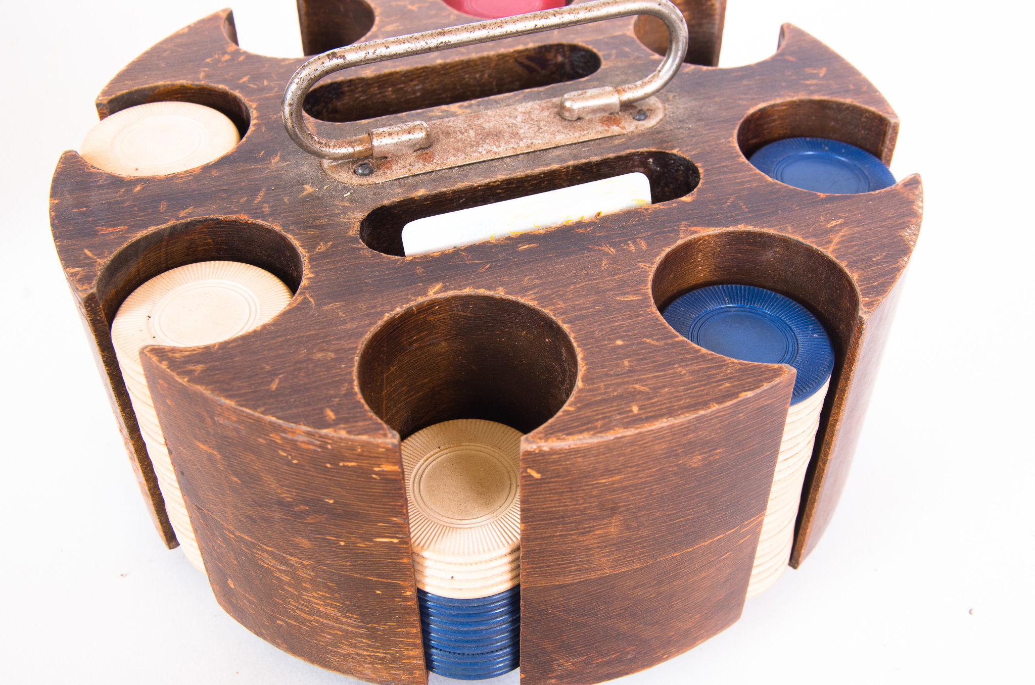Vintage Wood Poker Caddy with Chips