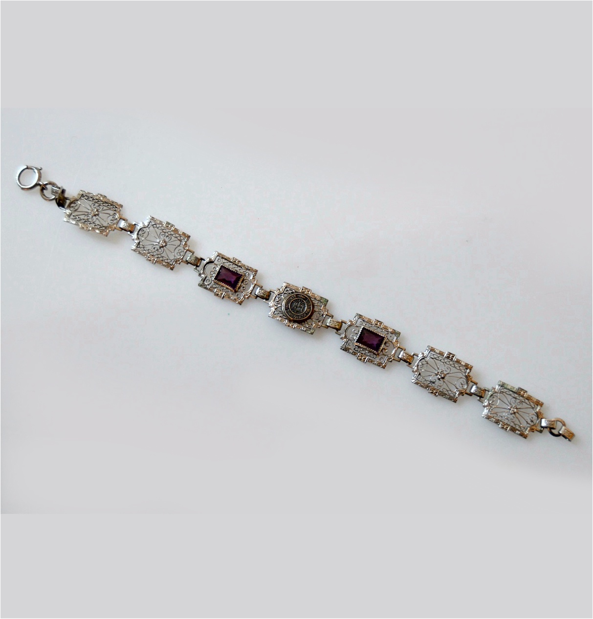 Victorian Sterling Silver Filigree Bracelet with Purple Stones