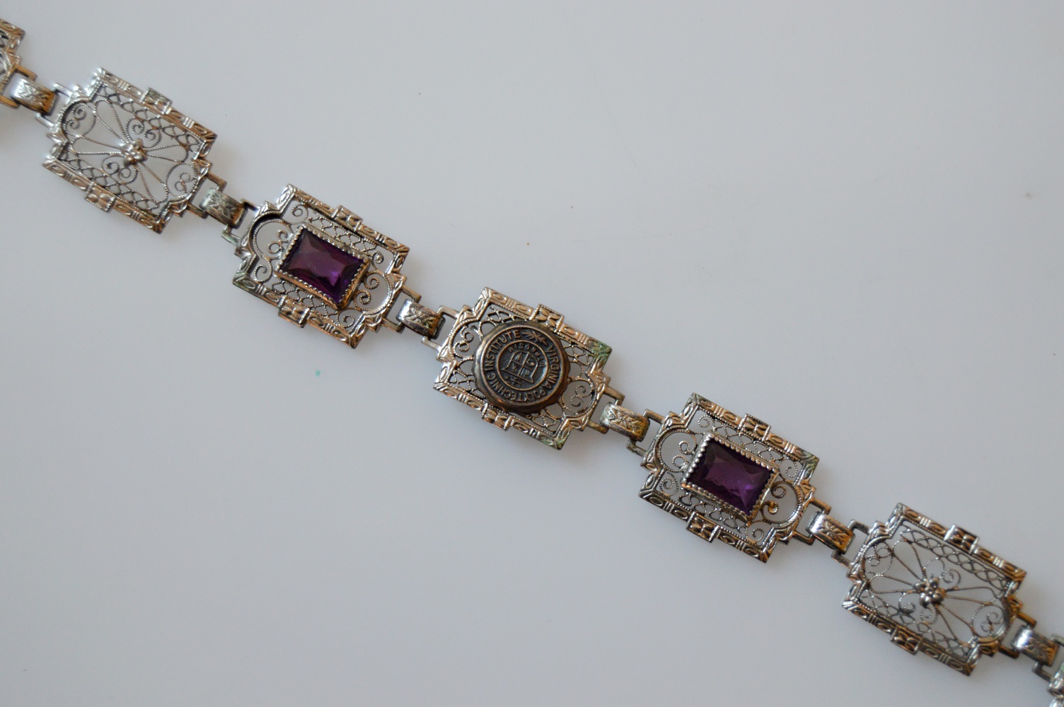Victorian Sterling Silver Filigree Bracelet with Purple Stones
