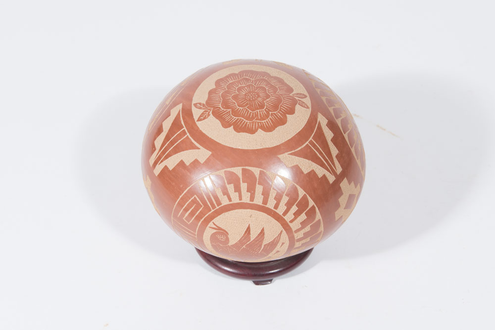 Signed Southwestern Clay Orb on a Stand