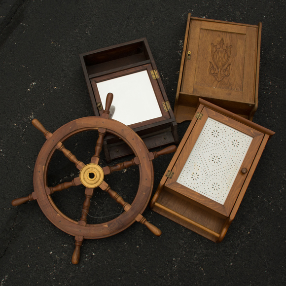 Vintage Wooden Home Decor Including a Ship's Wheel