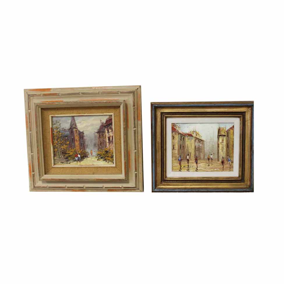 R. Birchard Signed Original Oil on Canvas Cityscapes