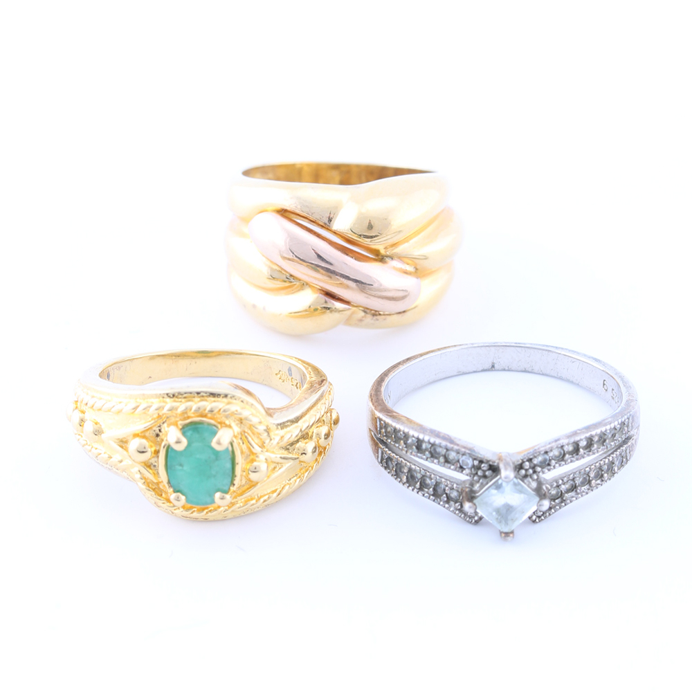 Sterling Silver Aquamarine, Glass, and Emerald Rings