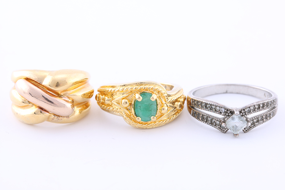 Sterling Silver Aquamarine, Glass, and Emerald Rings