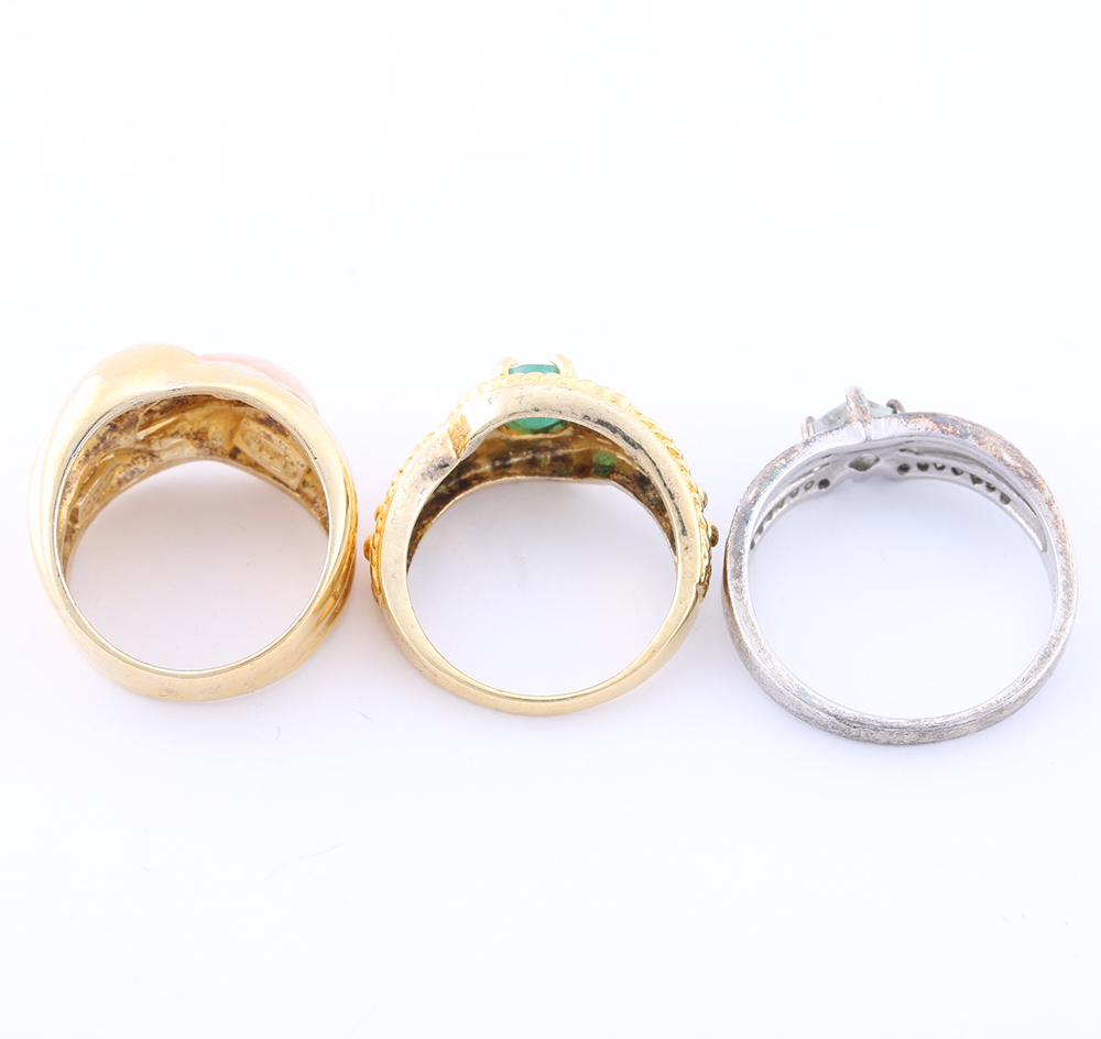 Sterling Silver Aquamarine, Glass, and Emerald Rings