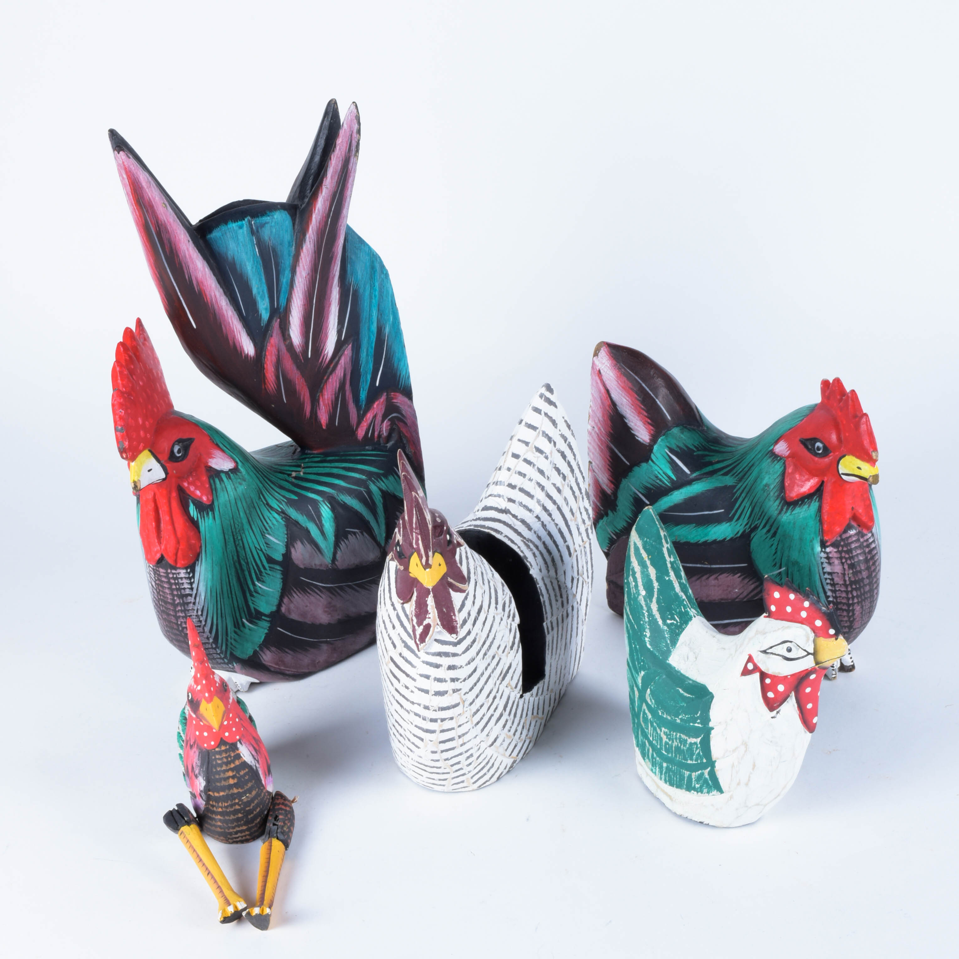 Five Wood Carved Chickens