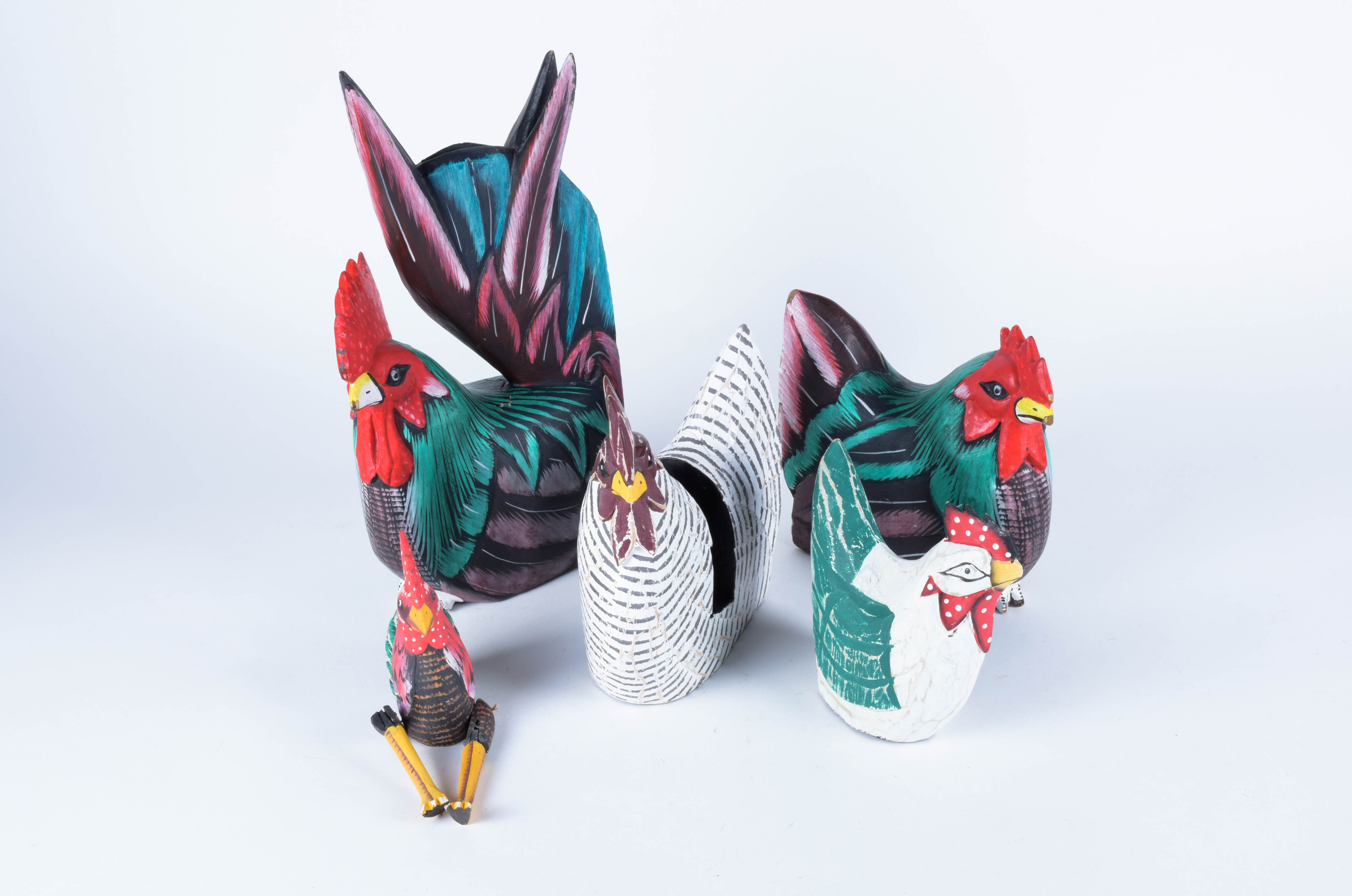 Five Wood Carved Chickens