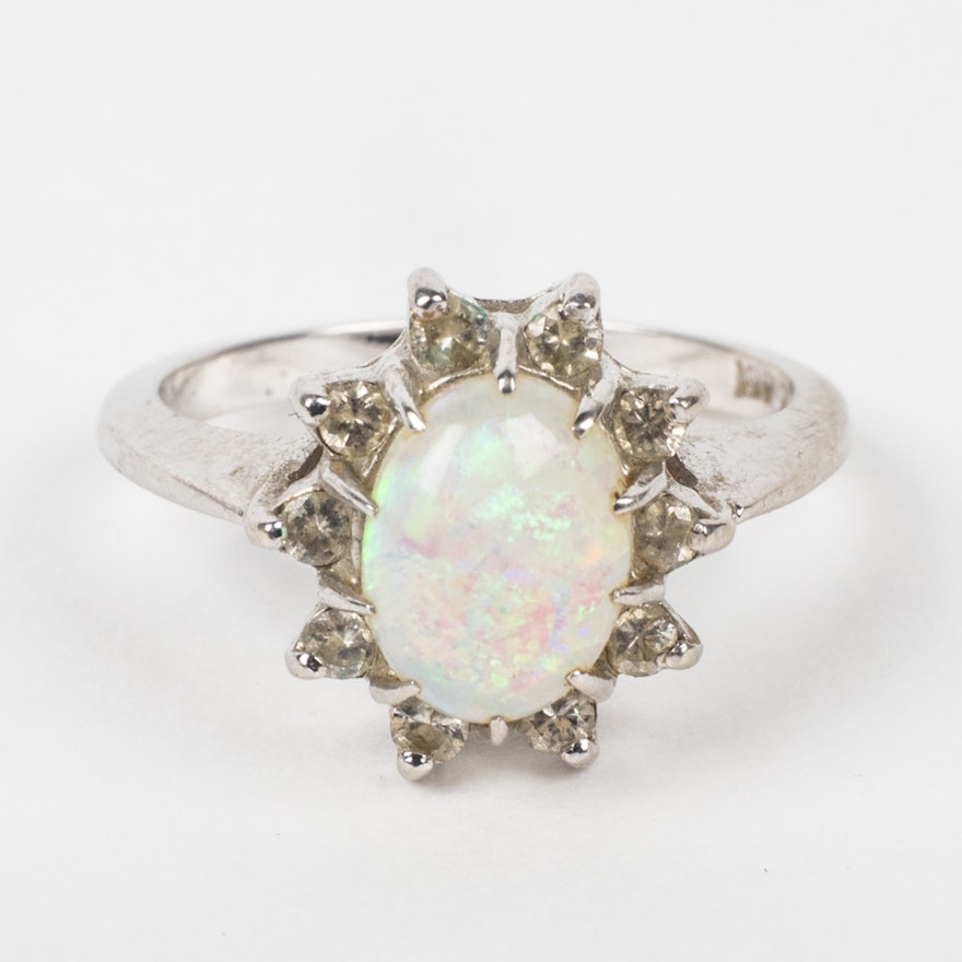 14K White Gold, Fire Opal, and Diamond Ring