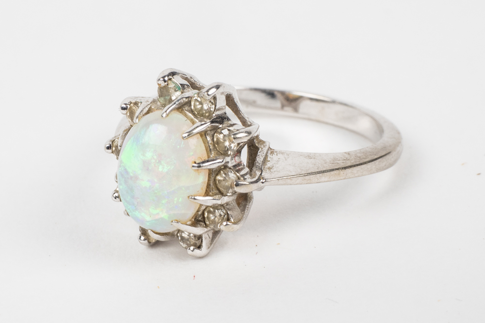 14K White Gold, Fire Opal, and Diamond Ring