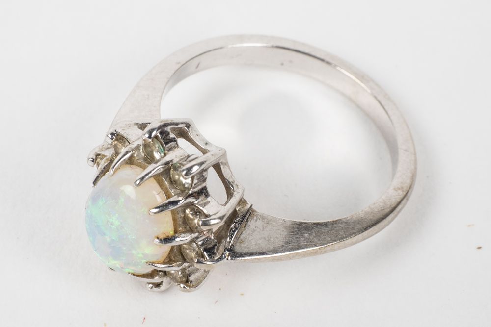 14K White Gold, Fire Opal, and Diamond Ring