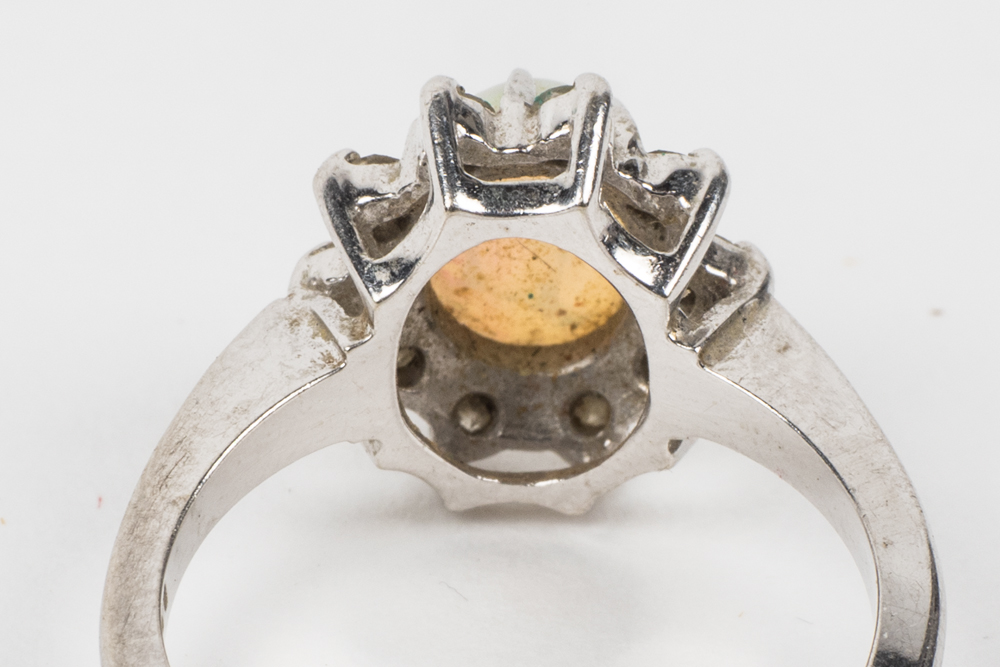 14K White Gold, Fire Opal, and Diamond Ring