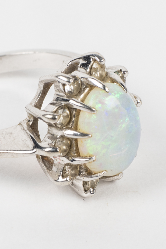 14K White Gold, Fire Opal, and Diamond Ring