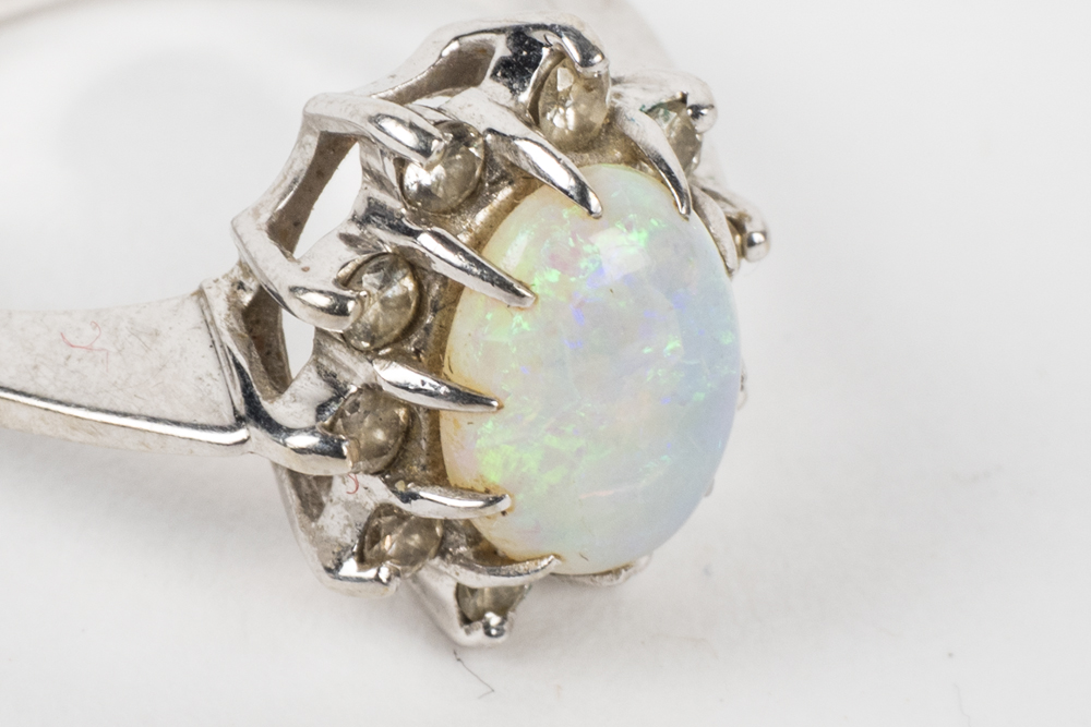 14K White Gold, Fire Opal, and Diamond Ring