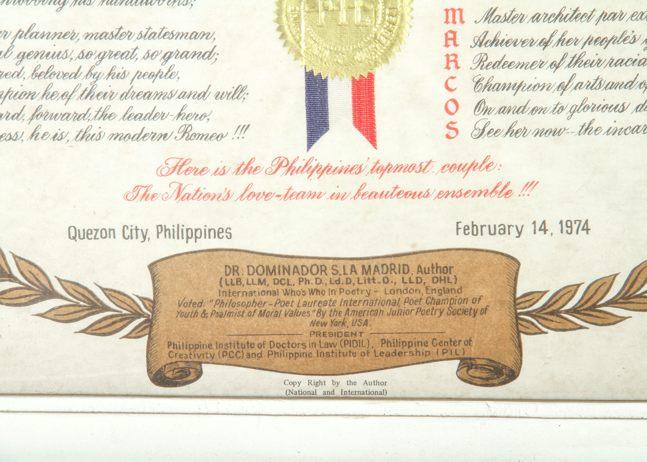 1974 Ferdinand and Imelda Marcos "Love Certificate"