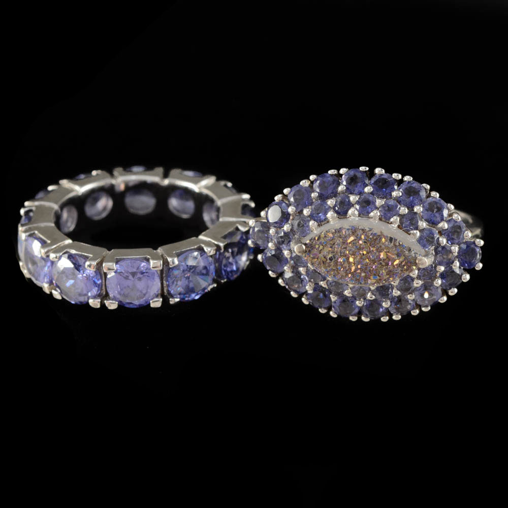 Sterling Silver Druzy Quartz and Iolite Ring and a Violet Cubic Zirconium Band