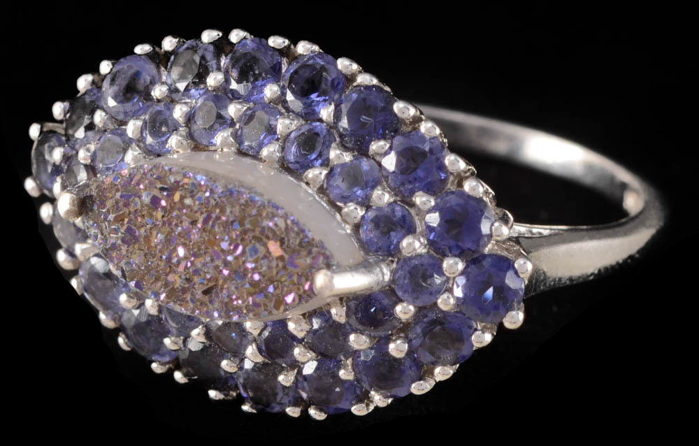 Sterling Silver Druzy Quartz and Iolite Ring and a Violet Cubic Zirconium Band